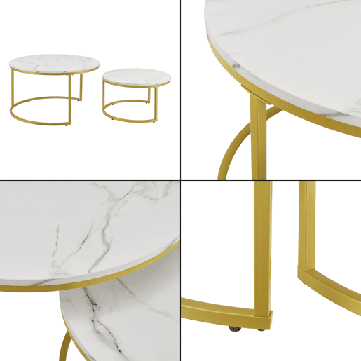 Conjunto de 2 mesas de centro redondas encaixáveis u200Bu200Bcom efeito mármore branco dourado 03_0008355