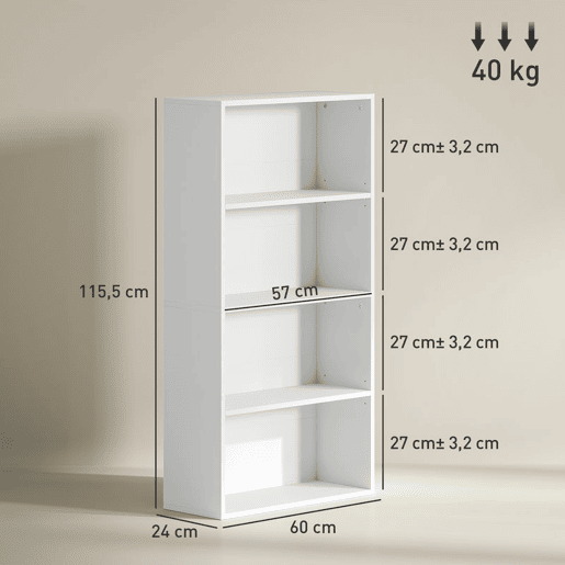 HOMCOM Estante de 4 Níveis Estante para Livros com 2 Prateleiras Ajustáveis para Sala de Estar Escritório Quarto 60x24x115,5 cm Branco