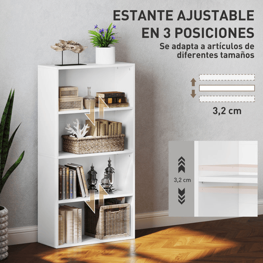 HOMCOM Estante de 4 Níveis Estante para Livros com 2 Prateleiras Ajustáveis para Sala de Estar Escritório Quarto 60x24x115,5 cm Branco