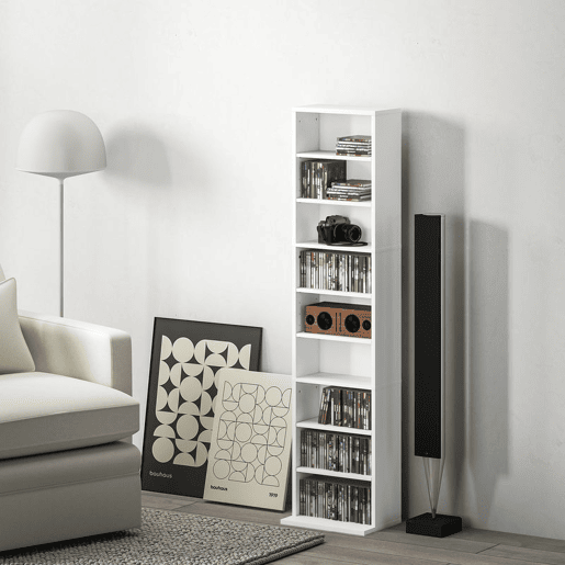 HOMCOM Estante para CDs e DVDs Suportes para CD Estreitos com 9 Compartimentos Prateleiras Ajustáveis para Sala Escritório 33x24x140 cm Branco