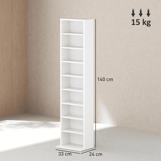 HOMCOM Estante para CDs e DVDs Suportes para CD Estreitos com 9 Compartimentos Prateleiras Ajustáveis para Sala Escritório 33x24x140 cm Branco