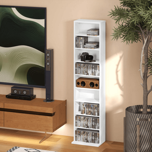 HOMCOM Estante para CDs e DVDs Suportes para CD Estreitos com 9 Compartimentos Prateleiras Ajustáveis para Sala Escritório 33x24x140 cm Branco