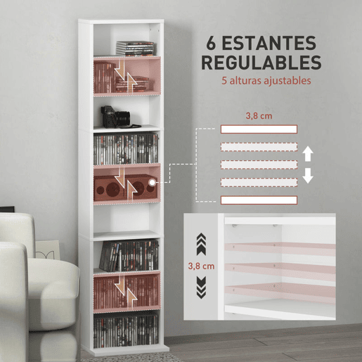 HOMCOM Estante para CDs e DVDs Suportes para CD Estreitos com 9 Compartimentos Prateleiras Ajustáveis para Sala Escritório 33x24x140 cm Branco