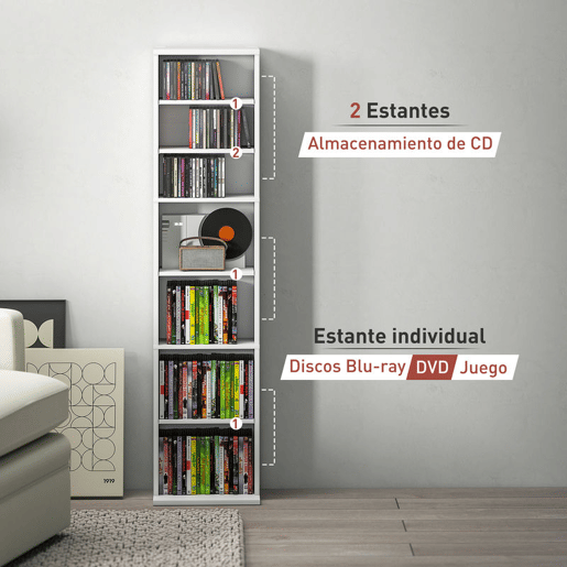 HOMCOM Estante para CDs e DVDs Suportes para CD Estreitos com 9 Compartimentos Prateleiras Ajustáveis para Sala Escritório 33x24x140 cm Branco