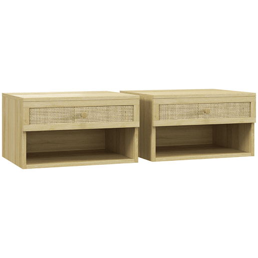 HOMCOM Conjunto de 2 Mesas de Cabeceiras Suspensas Mesas de Cabeceira com Compartimento Aberto e Gaveta com Frente em Vime Mesas de Cabeceira para Dormitório 40x34x23 cm Madeira