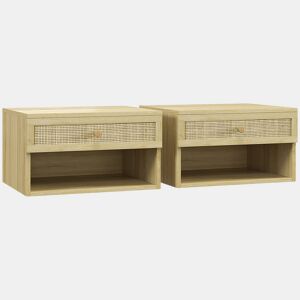 HOMCOM Conjunto de 2 Mesas de Cabeceiras Suspensas Mesas de Cabeceira com Compartimento Aberto e Gaveta com Frente em Vime Mesas de Cabeceira para Dormitório 40x34x23 cm Madeira