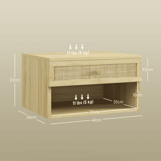 HOMCOM Conjunto de 2 Mesas de Cabeceiras Suspensas Mesas de Cabeceira com Compartimento Aberto e Gaveta com Frente em Vime Mesas de Cabeceira para Dormitório 40x34x23 cm Madeira