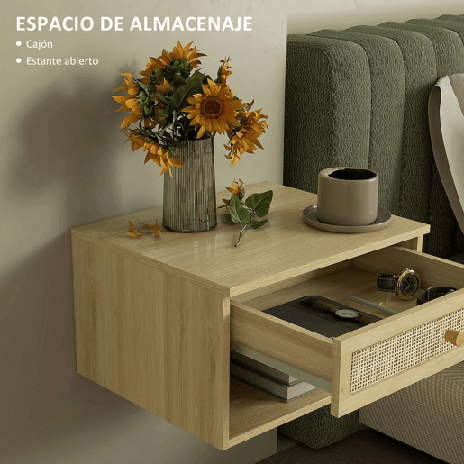 HOMCOM Conjunto de 2 Mesas de Cabeceiras Suspensas Mesas de Cabeceira com Compartimento Aberto e Gaveta com Frente em Vime Mesas de Cabeceira para Dormitório 40x34x23 cm Madeira