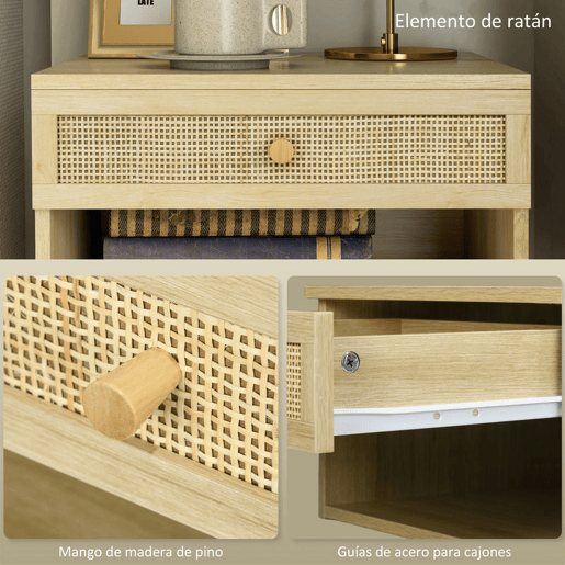 HOMCOM Conjunto de 2 Mesas de Cabeceiras Suspensas Mesas de Cabeceira com Compartimento Aberto e Gaveta com Frente em Vime Mesas de Cabeceira para Dormitório 40x34x23 cm Madeira