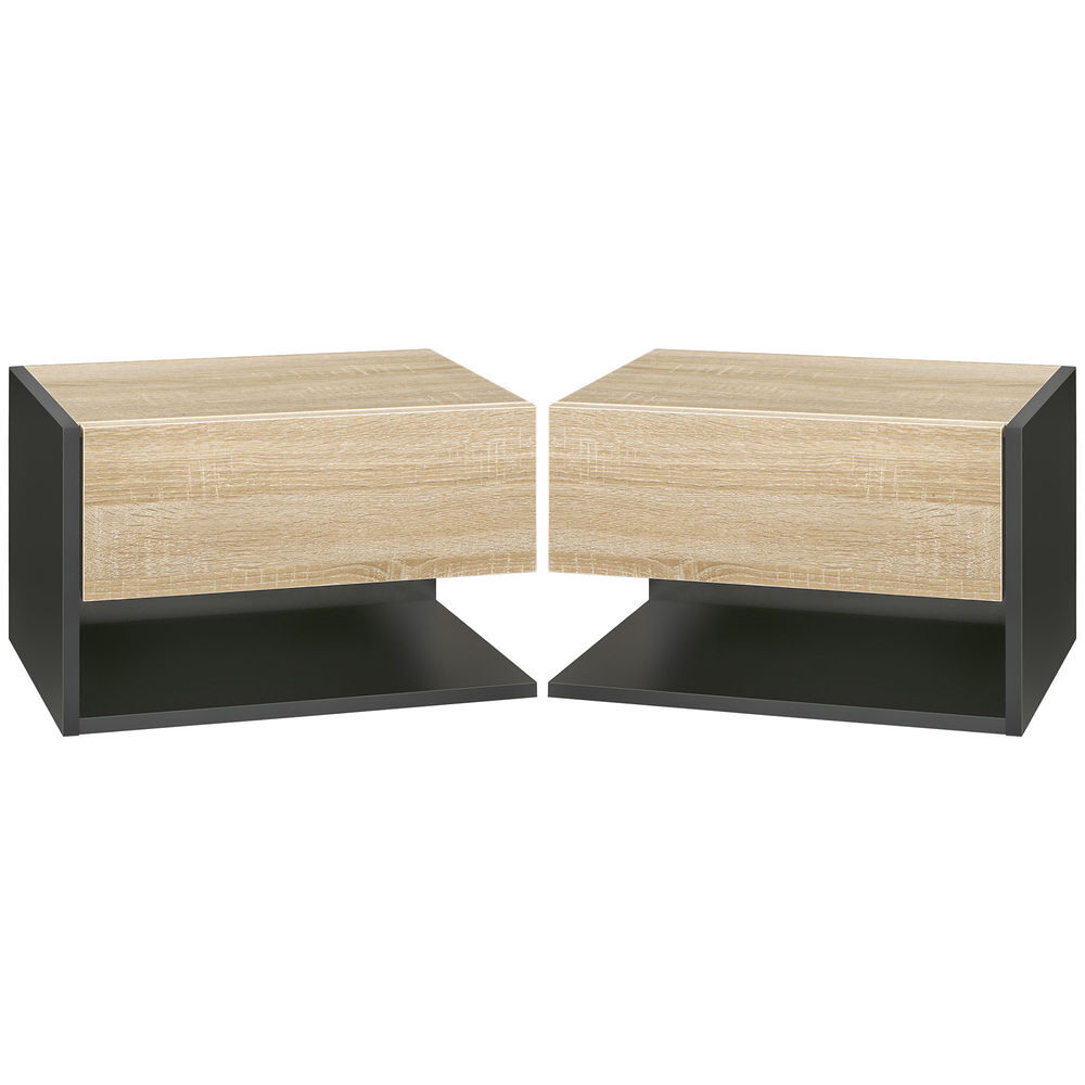 Homcom juego de 2 mesitas de noche flotantes mesitas de noche colgantes con 1 cajón y estante abierto para dormitorio 46x30x30 cm roble y negro
