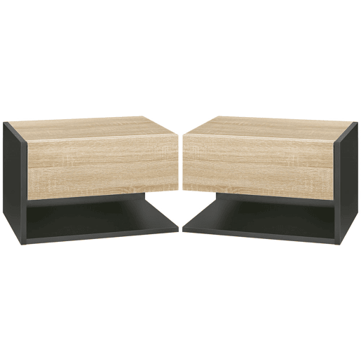 HOMCOM Conjunto de 2 Mesas de Cabeceira Flutuantes Mesas de Cabeceira Suspensas com 1 Gaveta e Prateleira Aberta para Dormitório 46x30x30 cm Carvalho e Preto