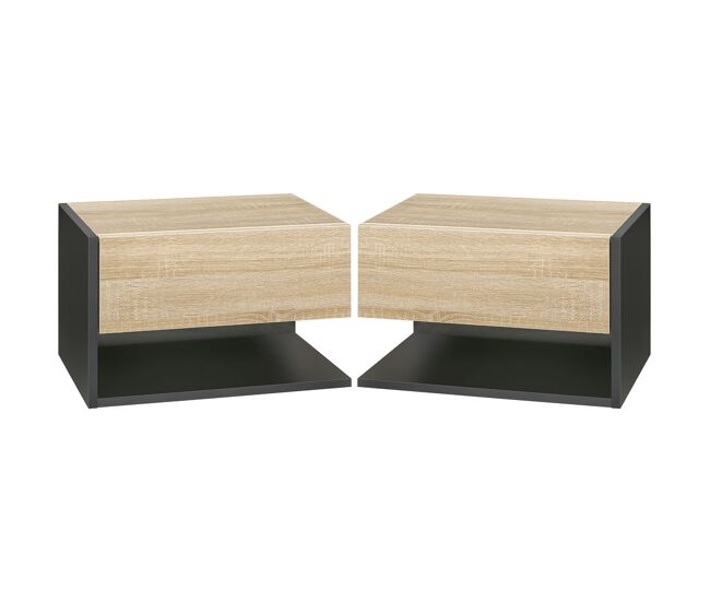 Homcom juego de 2 mesitas de noche flotantes mesitas de noche colgantes con 1 cajón y estante abierto para dormitorio 46x30x30 cm roble y negro