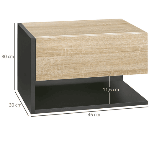 HOMCOM Conjunto de 2 Mesas de Cabeceira Flutuantes Mesas de Cabeceira Suspensas com 1 Gaveta e Prateleira Aberta para Dormitório 46x30x30 cm Carvalho e Preto