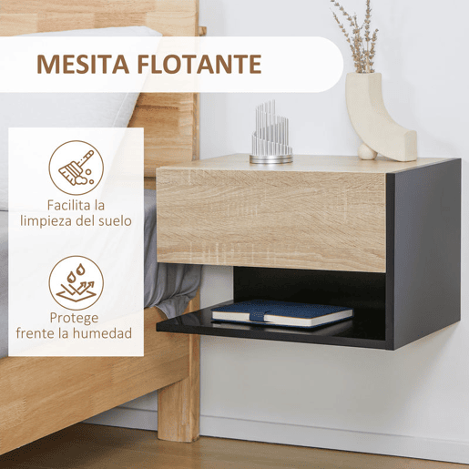HOMCOM Conjunto de 2 Mesas de Cabeceira Flutuantes Mesas de Cabeceira Suspensas com 1 Gaveta e Prateleira Aberta para Dormitório 46x30x30 cm Carvalho e Preto