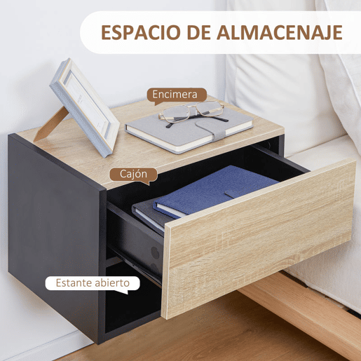 HOMCOM Conjunto de 2 Mesas de Cabeceira Flutuantes Mesas de Cabeceira Suspensas com 1 Gaveta e Prateleira Aberta para Dormitório 46x30x30 cm Carvalho e Preto