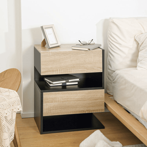 HOMCOM Conjunto de 2 Mesas de Cabeceira Flutuantes Mesas de Cabeceira Suspensas com 1 Gaveta e Prateleira Aberta para Dormitório 46x30x30 cm Carvalho e Preto