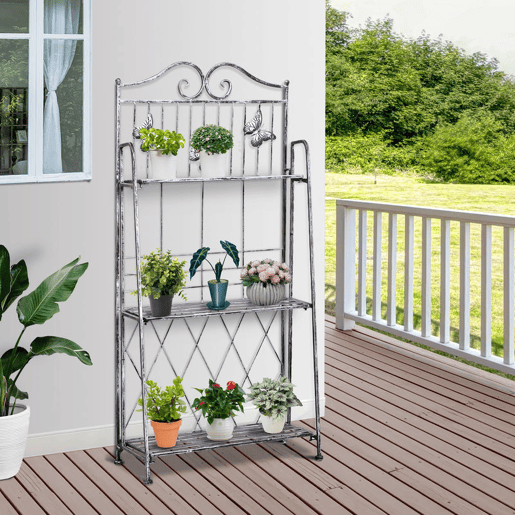 Outsunny Suporte para Plantas Dobrável Suporte para Vasos de Plantas de 3 Níveis com Estrutura de Metal Suporte para Flores de Metal para Interior e Exterior 44x25x96 cm Prata