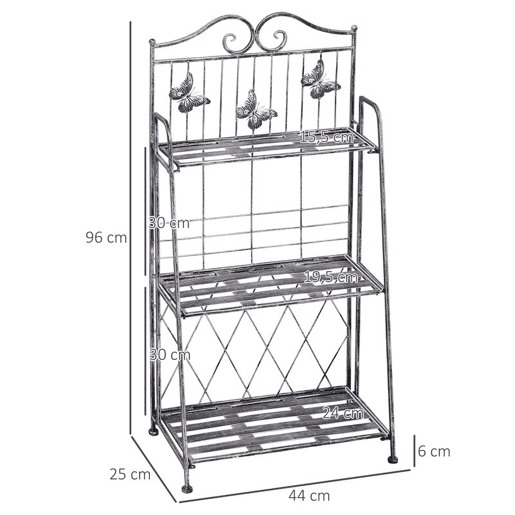 Outsunny Suporte para Plantas Dobrável Suporte para Vasos de Plantas de 3 Níveis com Estrutura de Metal Suporte para Flores de Metal para Interior e Exterior 44x25x96 cm Prata