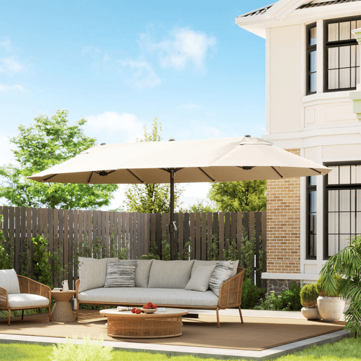 Outsunny Guarda-sol Duplo 4,6x2,7 m para Terraço Exterior com Manivela Manual, Resistente à Água e com Proteção Solar, Guarda-sol Grande para Jardim, Praia ou Piscina, Cor Creme