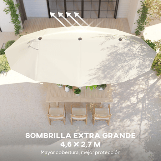 Outsunny Guarda-sol Duplo 4,6x2,7 m para Terraço Exterior com Manivela Manual, Resistente à Água e com Proteção Solar, Guarda-sol Grande para Jardim, Praia ou Piscina, Cor Creme