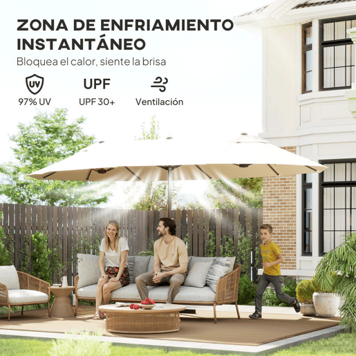 Outsunny Guarda-sol Duplo 4,6x2,7 m para Terraço Exterior com Manivela Manual, Resistente à Água e com Proteção Solar, Guarda-sol Grande para Jardim, Praia ou Piscina, Cor Creme