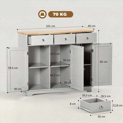 HOMCOM Aparador de Cozinha com 3 Gavetas 3 Portas e Prateleiras Ajustáveis Móvel Auxiliar de Armazenamento para Cozinha Sala de Estar Estilo Moderno Anti-Rolamento 101x40x85 cm Cinzento