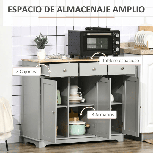 HOMCOM Aparador de Cozinha com 3 Gavetas 3 Portas e Prateleiras Ajustáveis Móvel Auxiliar de Armazenamento para Cozinha Sala de Estar Estilo Moderno Anti-Rolamento 101x40x85 cm Cinzento