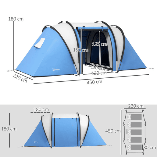 Outsunny Tenda de Campismo Familiar para 4-5 Pessoas Tenda de Campismo Túnel Impermeável 3000 mm com 2 Quartos Bolsa de Transporte e Gancho Ideal para Caminhadas e Pesca Azul