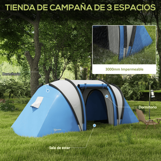 Outsunny Tenda de Campismo Familiar para 4-5 Pessoas Tenda de Campismo Túnel Impermeável 3000 mm com 2 Quartos Bolsa de Transporte e Gancho Ideal para Caminhadas e Pesca Azul
