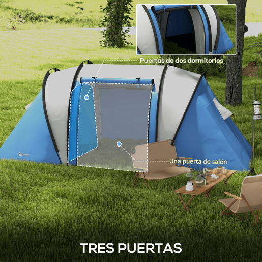 Outsunny Tenda de Campismo Familiar para 4-5 Pessoas Tenda de Campismo Túnel Impermeável 3000 mm com 2 Quartos Bolsa de Transporte e Gancho Ideal para Caminhadas e Pesca Azul