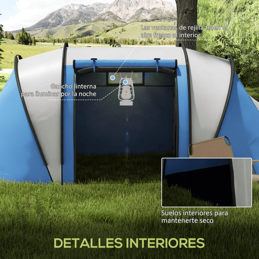 Outsunny Tenda de Campismo Familiar para 4-5 Pessoas Tenda de Campismo Túnel Impermeável 3000 mm com 2 Quartos Bolsa de Transporte e Gancho Ideal para Caminhadas e Pesca Azul