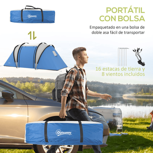 Outsunny Tenda de Campismo Familiar para 4-5 Pessoas Tenda de Campismo Túnel Impermeável 3000 mm com 2 Quartos Bolsa de Transporte e Gancho Ideal para Caminhadas e Pesca Azul
