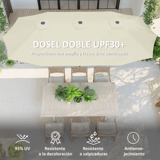 Outsunny Chapéu de Sol Duplo 4x2,2 m Chapéu de Sol para Jardim com Manivela Manual Impermeável e Proteção UV30+ Chapéu de Sol Grande para Exterior Praia Piscina Creme