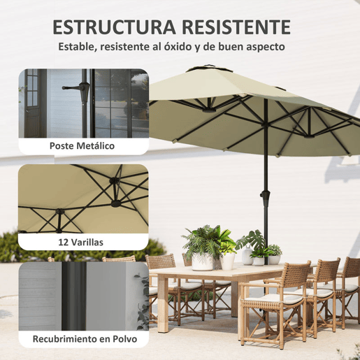 Outsunny Chapéu de Sol Duplo 4x2,2 m Chapéu de Sol para Jardim com Manivela Manual Impermeável e Proteção UV30+ Chapéu de Sol Grande para Exterior Praia Piscina Creme