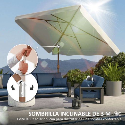 Outsunny Chapéu de Sol de Jardim 300x200 cm Chapéu de Sol de Exterior com Ângulo Ajustável Mastro de Alumínio Manivela e Proteção UV 50+ Chapéu de Sol para Jardim Pátio Creme