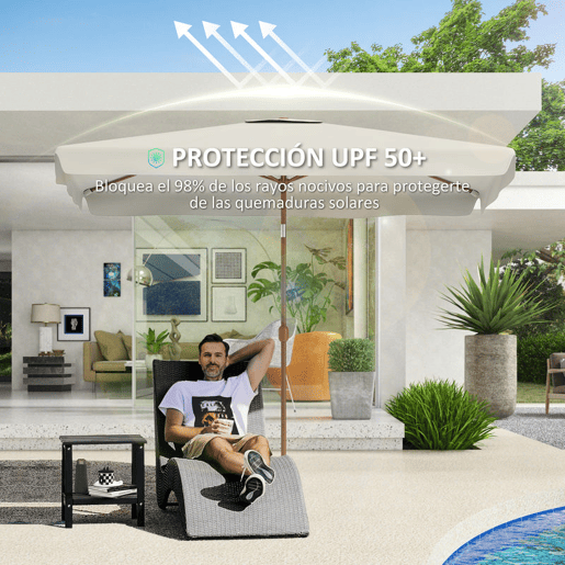 Outsunny Chapéu de Sol de Jardim 300x200 cm Chapéu de Sol de Exterior com Ângulo Ajustável Mastro de Alumínio Manivela e Proteção UV 50+ Chapéu de Sol para Jardim Pátio Creme