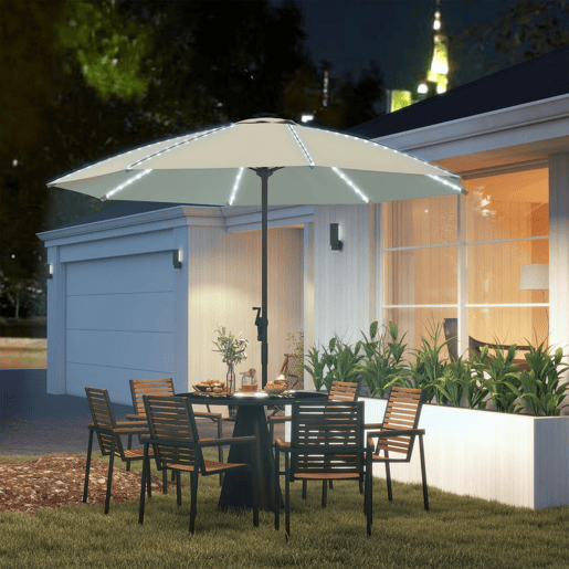 Outsunny Chapéu de Sol de Jardim com Luzes LED Ø300x256 cm Chapéu de Sol com Manivela Teto com Ventilação Proteção UV50+ e Mastro de Alumínio Chapéu de Sol para Piscina Creme