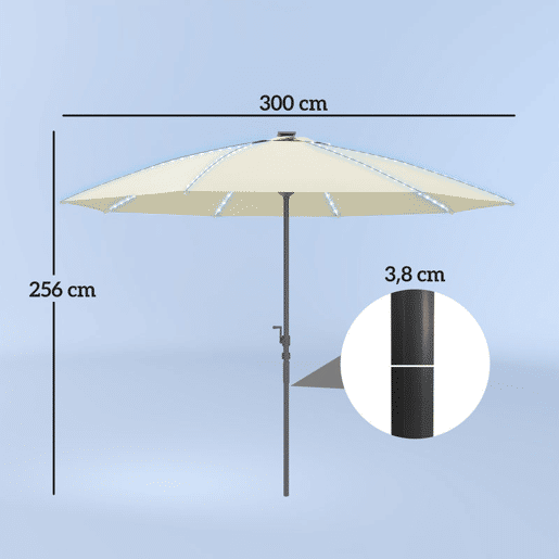 Outsunny Chapéu de Sol de Jardim com Luzes LED Ø300x256 cm Chapéu de Sol com Manivela Teto com Ventilação Proteção UV50+ e Mastro de Alumínio Chapéu de Sol para Piscina Creme
