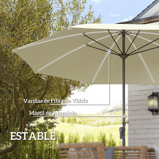 Outsunny Chapéu de Sol de Jardim com Luzes LED Ø300x256 cm Chapéu de Sol com Manivela Teto com Ventilação Proteção UV50+ e Mastro de Alumínio Chapéu de Sol para Piscina Creme
