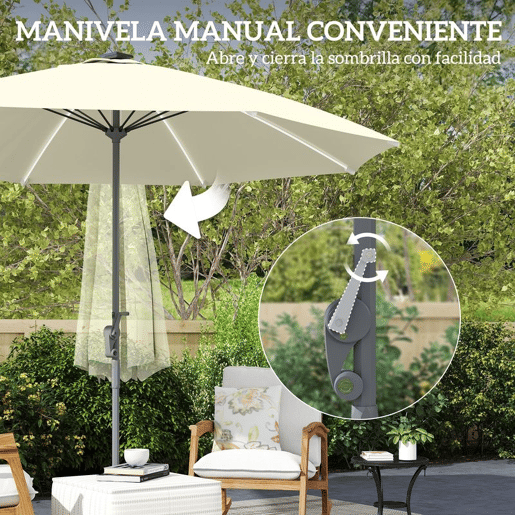 Outsunny Chapéu de Sol de Jardim com Luzes LED Ø300x256 cm Chapéu de Sol com Manivela Teto com Ventilação Proteção UV50+ e Mastro de Alumínio Chapéu de Sol para Piscina Creme