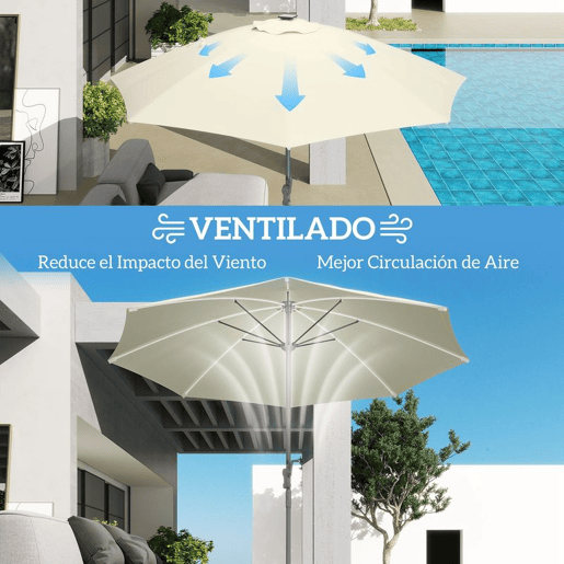 Outsunny Chapéu de Sol de Jardim com Luzes LED Ø300x256 cm Chapéu de Sol com Manivela Teto com Ventilação Proteção UV50+ e Mastro de Alumínio Chapéu de Sol para Piscina Creme