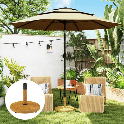Outsunny Base para Chapéu de Sol Redonda Suporte para Chapéu de Sol com Pés Ajustáveis Base para Chapéu de Sol com Preenchimento de Cimento Peso 24,5 kg para Jardim Varanda Ø48x44 cm Madeira