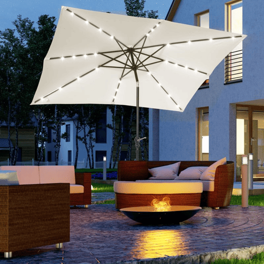 Outsunny Chapéu de Sol com Luzes LED 268x205x248 cm Chapéu de Sol de Jardim Inclinável até 45° Anti-UV e Abertura a Manivela para Pátio Varanda Creme