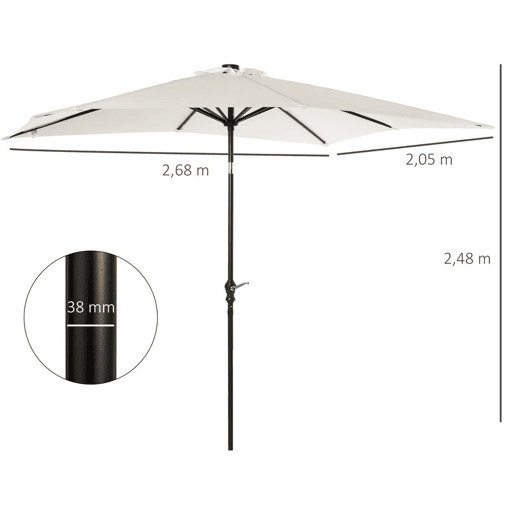 Outsunny Chapéu de Sol com Luzes LED 268x205x248 cm Chapéu de Sol de Jardim Inclinável até 45° Anti-UV e Abertura a Manivela para Pátio Varanda Creme