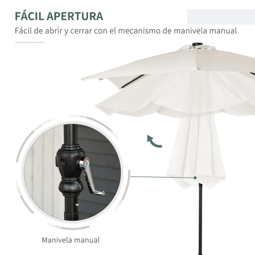 Outsunny Chapéu de Sol com Luzes LED 268x205x248 cm Chapéu de Sol de Jardim Inclinável até 45° Anti-UV e Abertura a Manivela para Pátio Varanda Creme