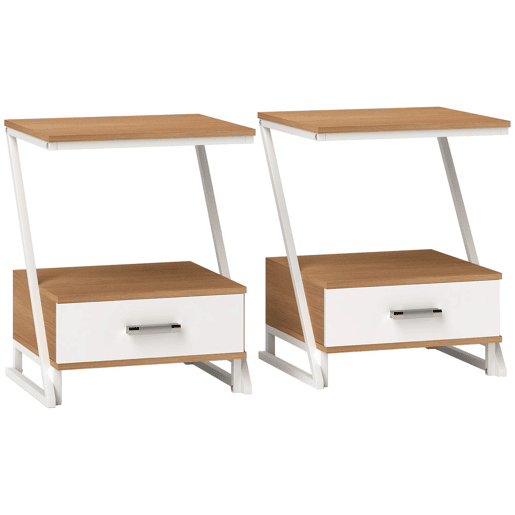HOMCOM Conjunto de 2 Mesas Cabeceira para Dormitório Mesas Auxiliares em Forma de Z com Gaveta e Compartimento Mesa Auxiliar para Sala de Estar 40x35x50 cm Madeira e Branco