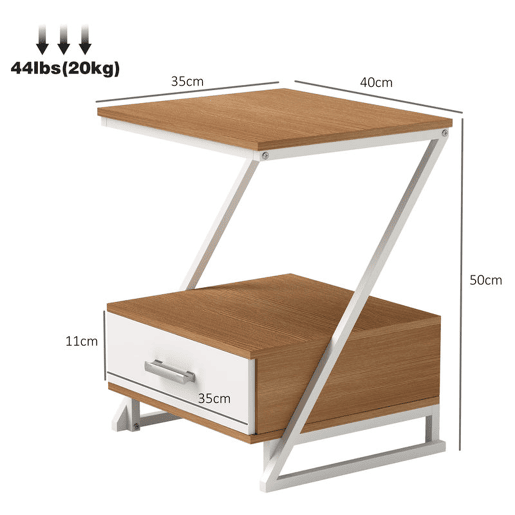 HOMCOM Conjunto de 2 Mesas Cabeceira para Dormitório Mesas Auxiliares em Forma de Z com Gaveta e Compartimento Mesa Auxiliar para Sala de Estar 40x35x50 cm Madeira e Branco