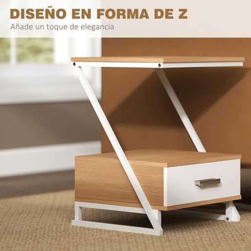 HOMCOM Conjunto de 2 Mesas Cabeceira para Dormitório Mesas Auxiliares em Forma de Z com Gaveta e Compartimento Mesa Auxiliar para Sala de Estar 40x35x50 cm Madeira e Branco