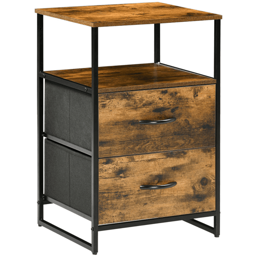 HOMCOM Mesa Auxiliar com 2 Gavetas Dobráveis Prateleira Aberta e Estrutura de Aço Mesa de Cabeceira 45x40x70,5 cm Castanho Rústico