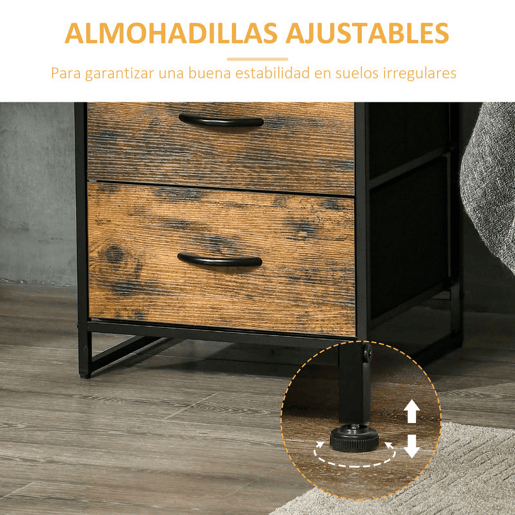 HOMCOM Mesa Auxiliar com 2 Gavetas Dobráveis Prateleira Aberta e Estrutura de Aço Mesa de Cabeceira 45x40x70,5 cm Castanho Rústico